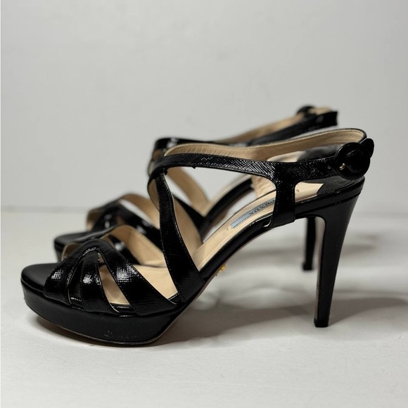 Prada Strappy Open Toe Ankle Buckle Strap Black Platform Heel Size 37.5 - Picture 9 of 12
